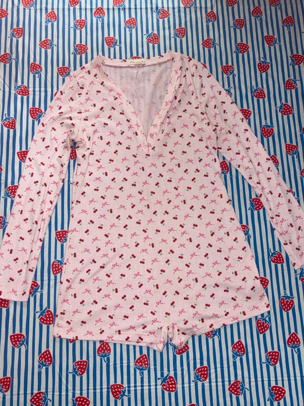 Aeropostale Pink Long-Sleeve V‑Neck Bodysuit with Cherry Print